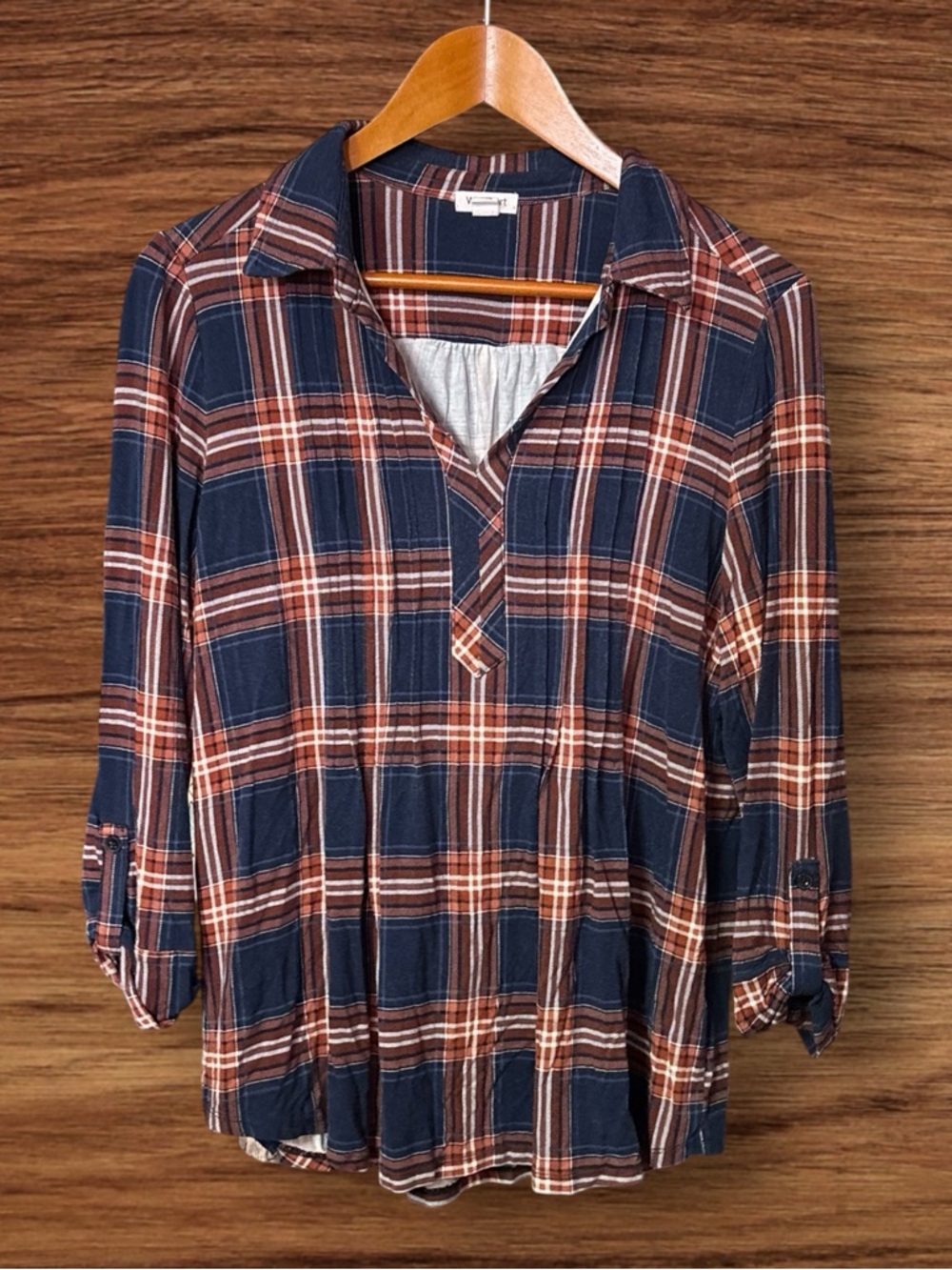 Westport Navy Blue, Rust, Orange, & White Plaid V-Neck Henley Collared Blouse